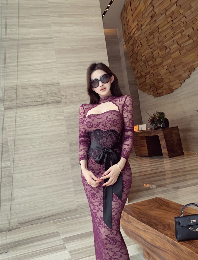 Purple slim sexy long sleeve frenum dress for women