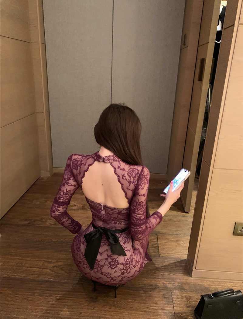 Purple slim sexy long sleeve frenum dress for women