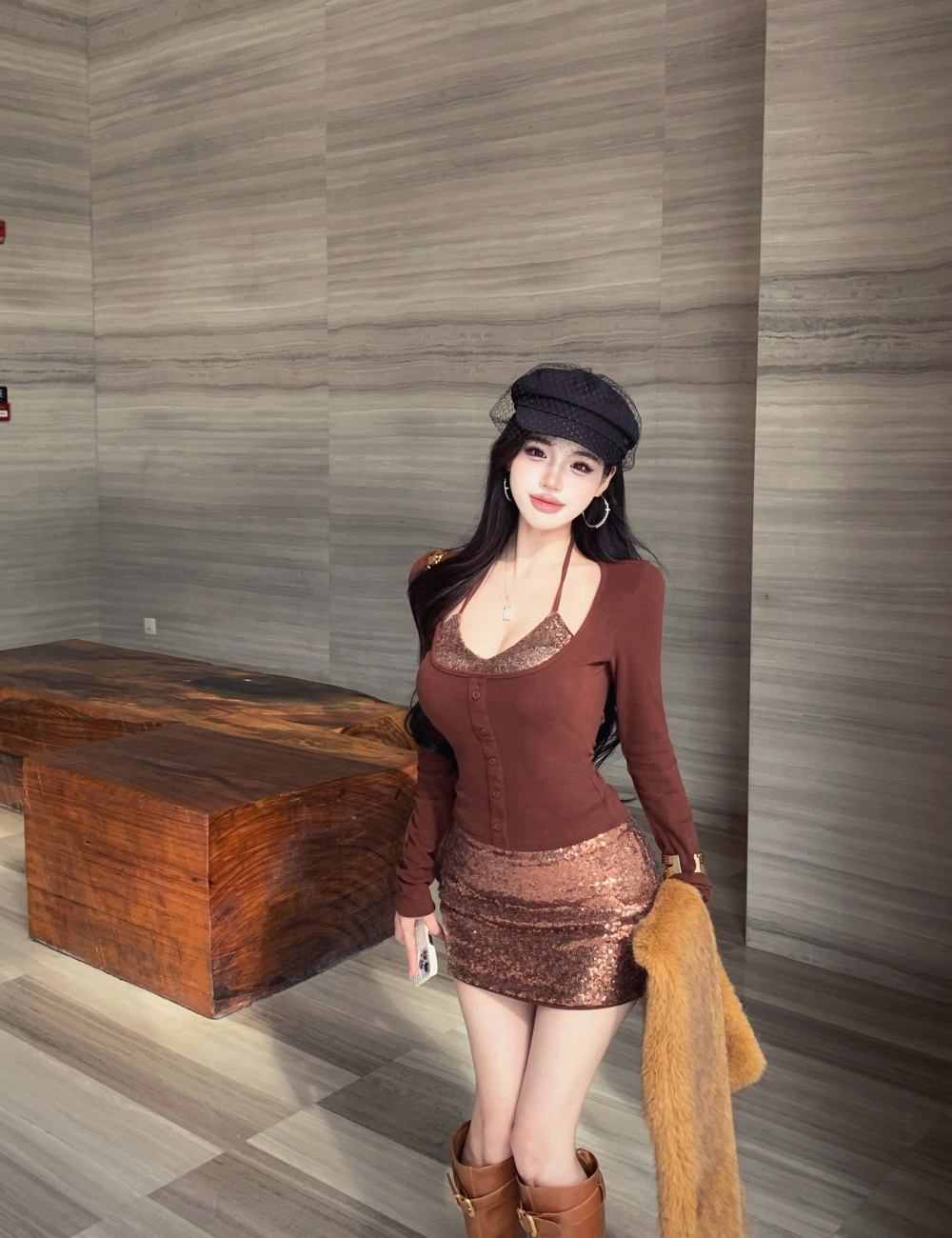 Sexy knitted tops Pseudo-two spicegirl skirt a set