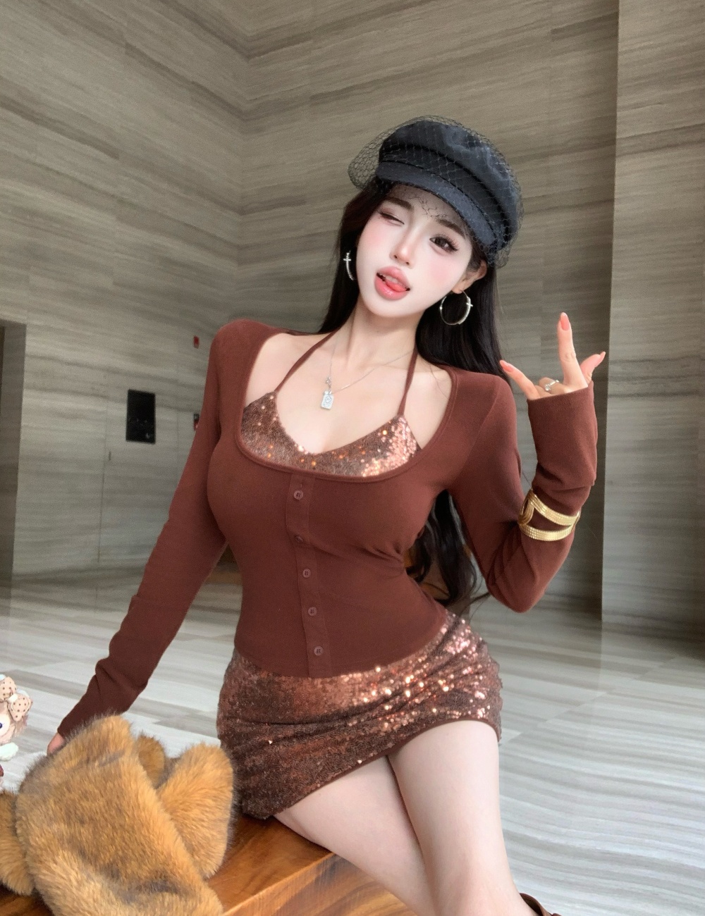 Sexy knitted tops Pseudo-two spicegirl skirt a set