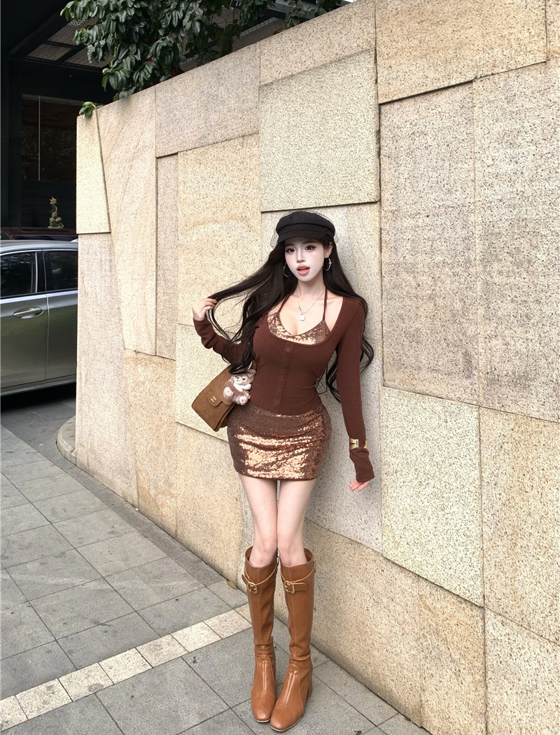 Sexy knitted tops Pseudo-two spicegirl skirt a set