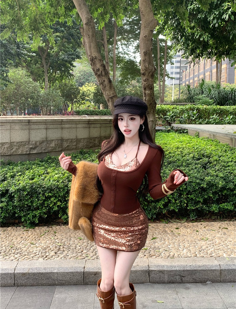 Sexy knitted tops Pseudo-two spicegirl skirt a set