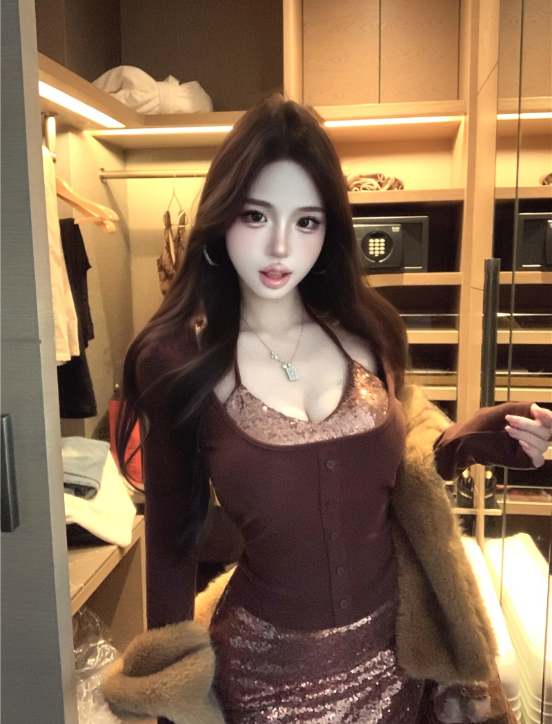 Sexy knitted tops Pseudo-two spicegirl skirt a set