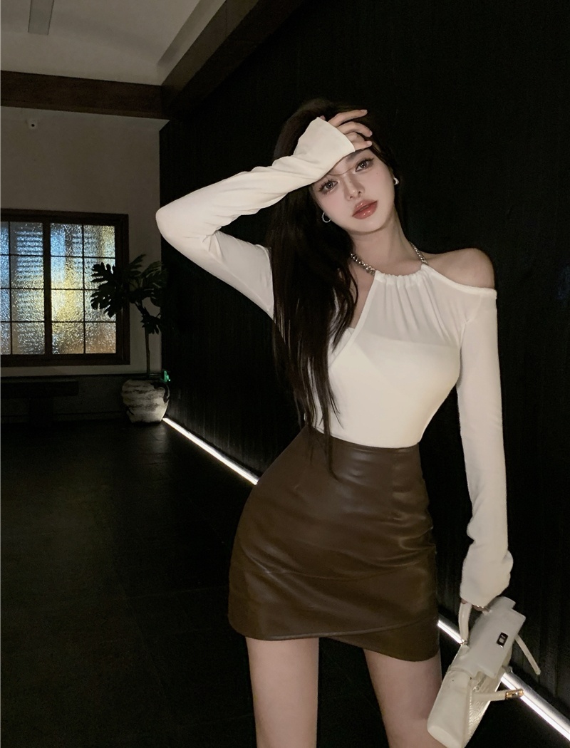 Halter PU short skirt package hip irregular T-shirt 2pcs set