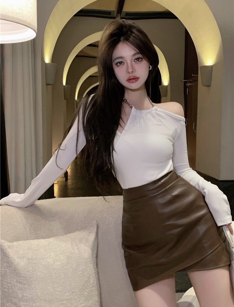 Halter PU short skirt package hip irregular T-shirt 2pcs set