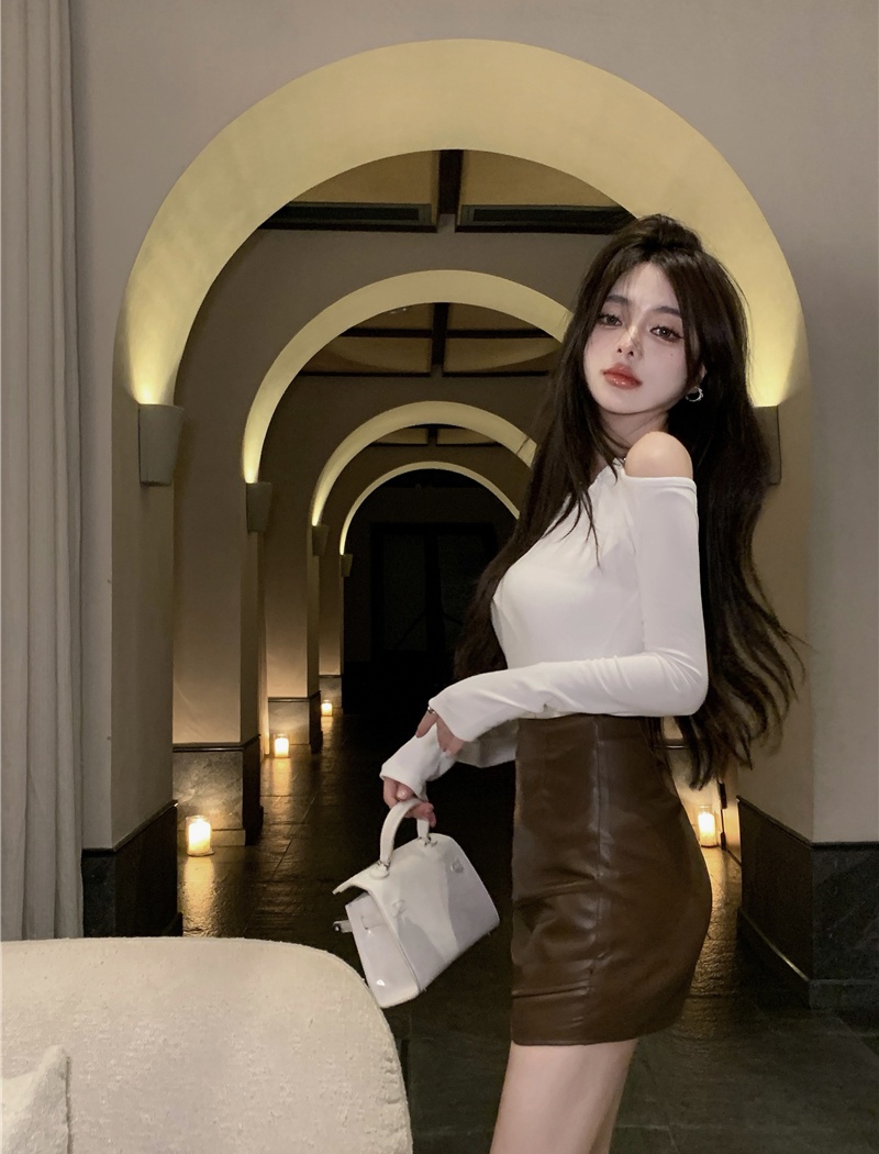 Halter PU short skirt package hip irregular T-shirt 2pcs set