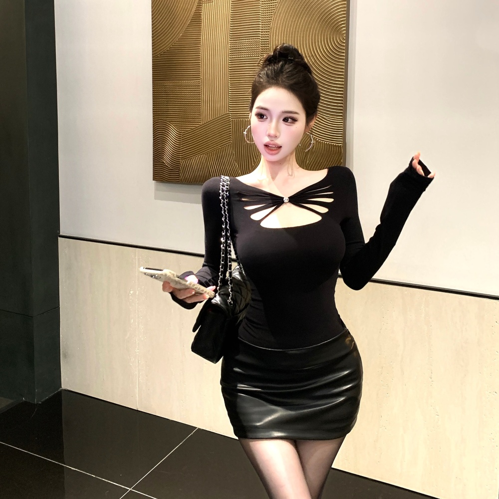 Long sleeve hollow T-shirt spicegirl enticement dress 2pcs set