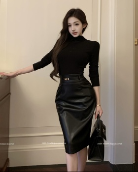 Slim PU tops package hip black skirt a set for women