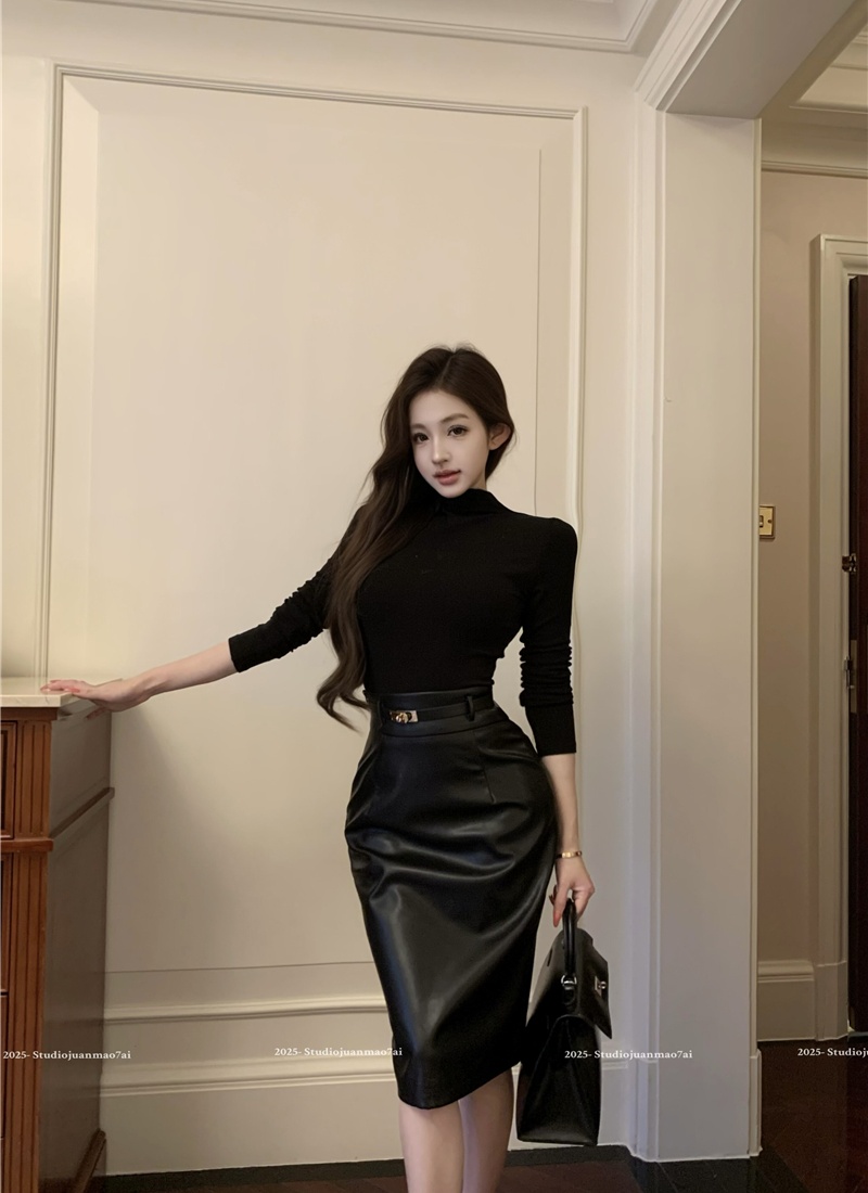 Slim PU tops package hip black skirt a set for women