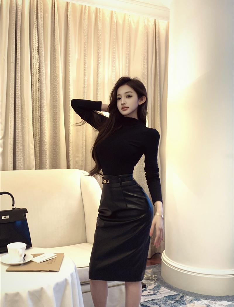 Slim PU tops package hip black skirt a set for women