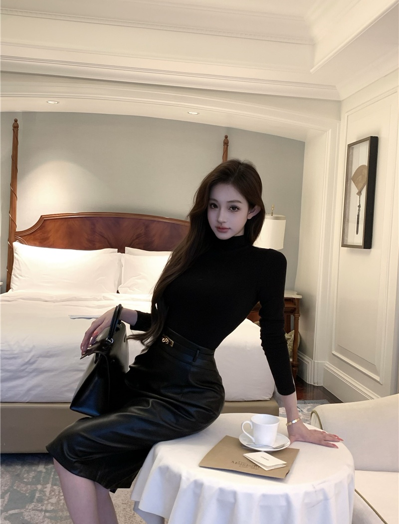 Slim PU tops package hip black skirt a set for women