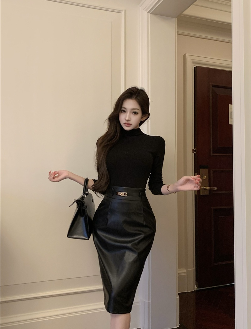 Slim PU tops package hip black skirt a set for women