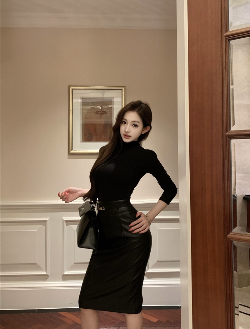 Slim PU tops package hip black skirt a set for women