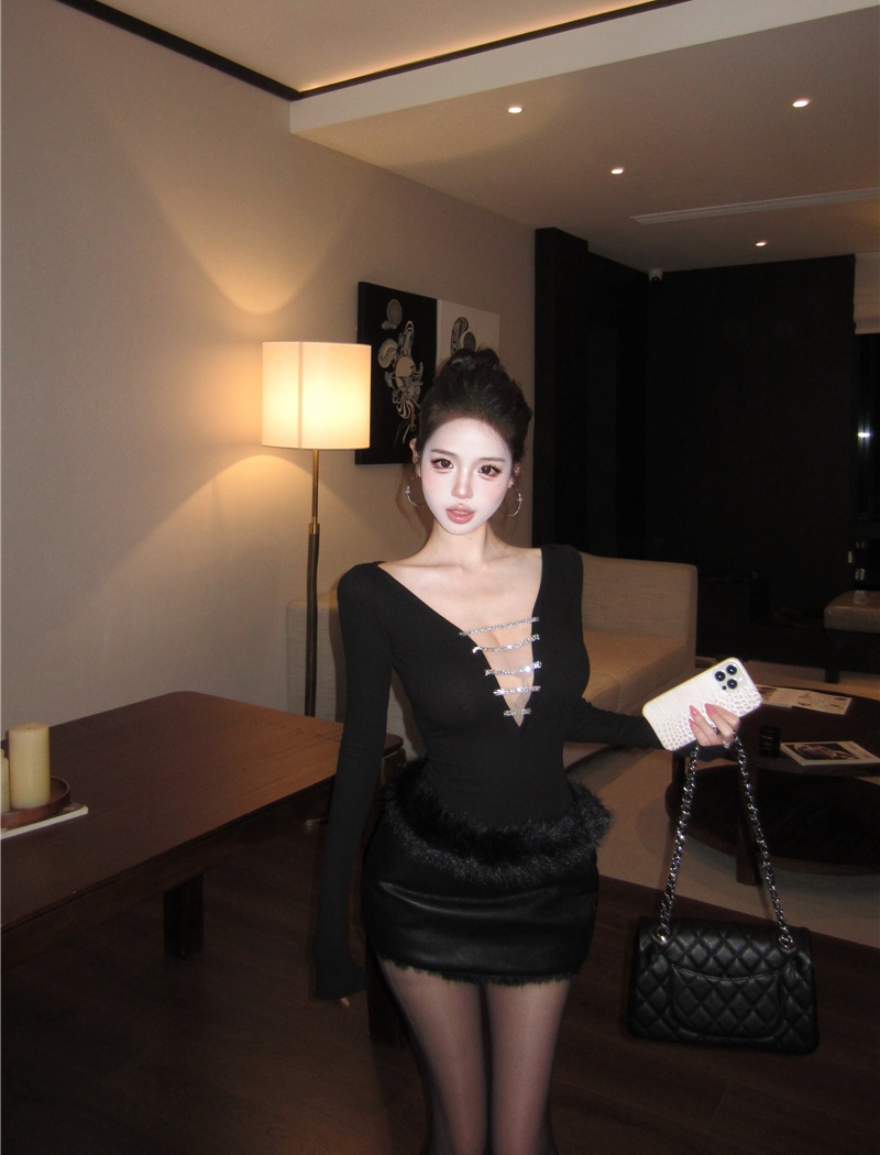 Sexy leather skirt package hip tops a set for women