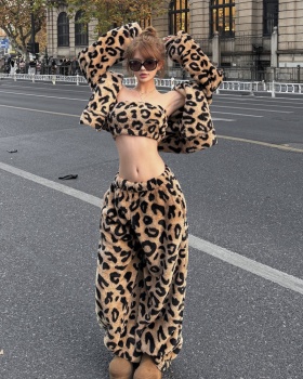 Leopard elmo tops temperament long pants 3pcs set for women