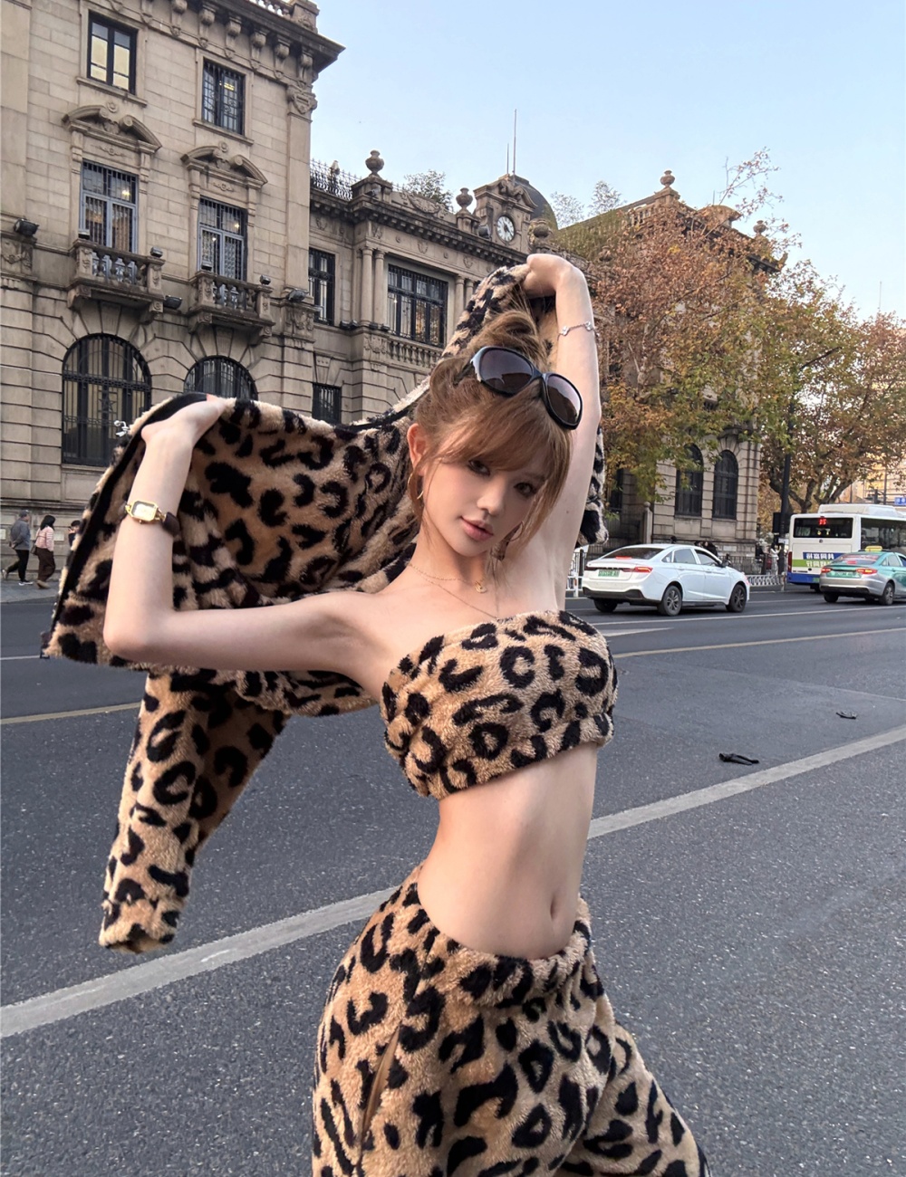 Leopard elmo tops temperament long pants 3pcs set for women