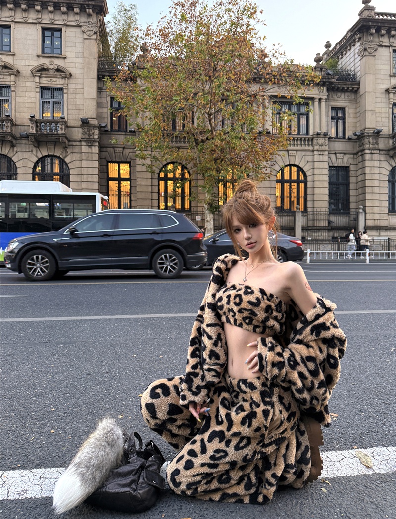 Leopard elmo tops temperament long pants 3pcs set for women