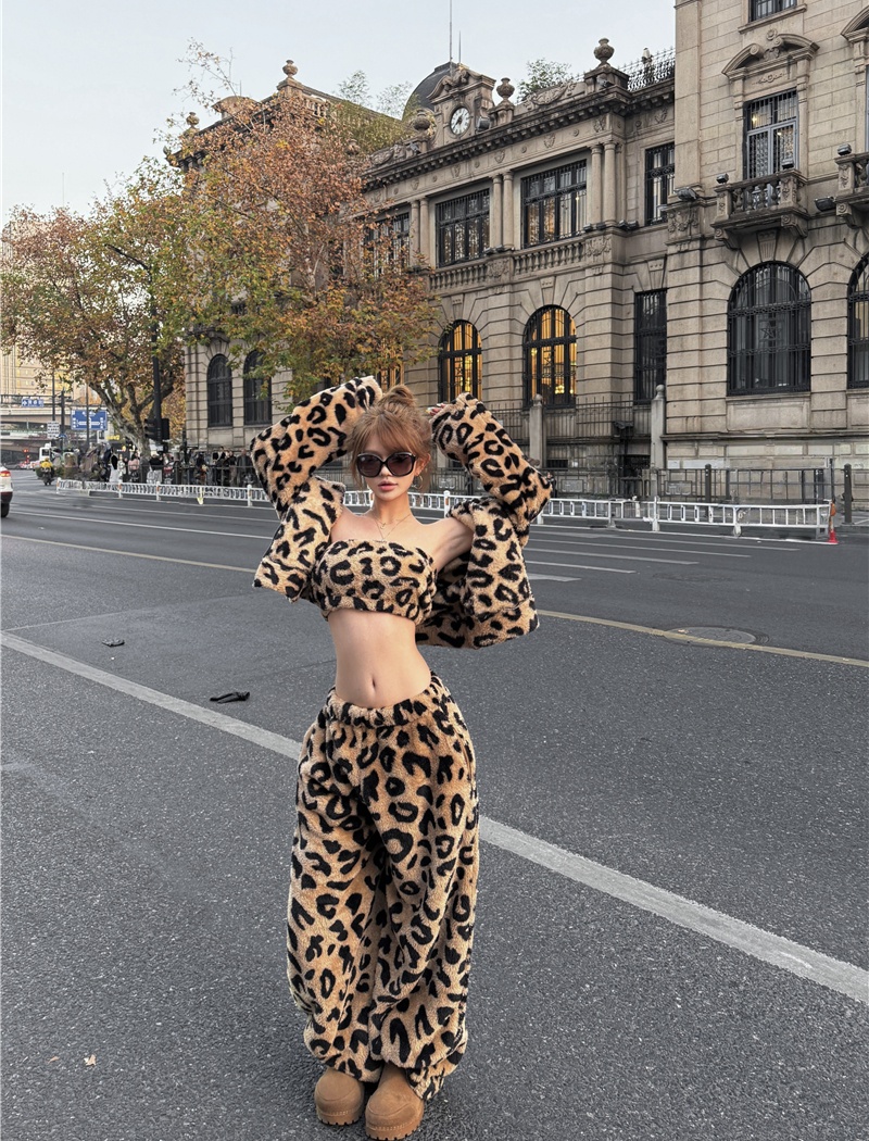 Leopard elmo tops temperament long pants 3pcs set for women