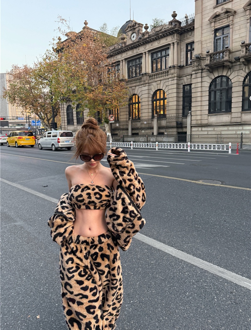 Leopard elmo tops temperament long pants 3pcs set for women