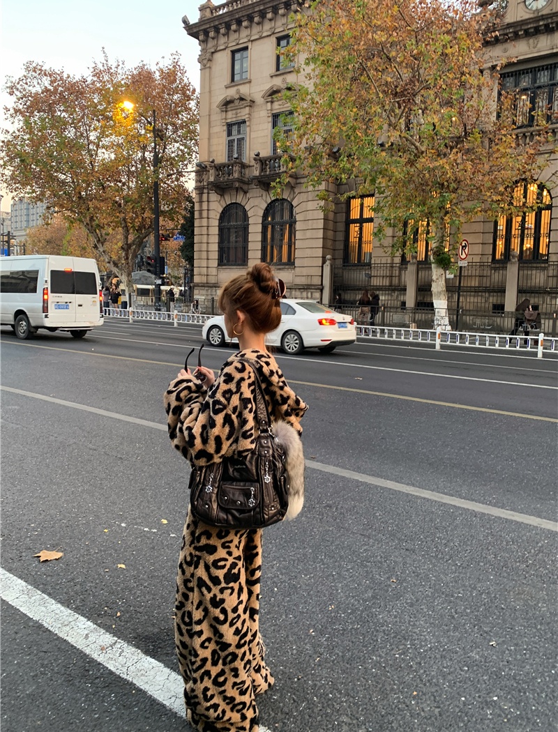 Leopard elmo tops temperament long pants 3pcs set for women