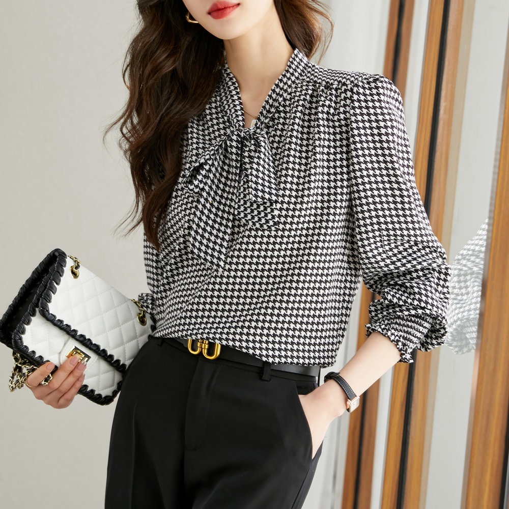 Temperament chiffon small shirt houndstooth shirt for women