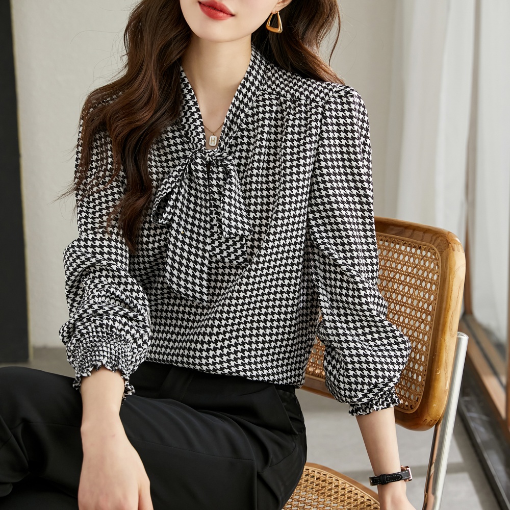 Temperament chiffon small shirt houndstooth shirt for women