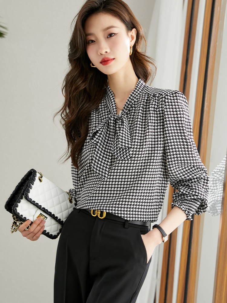 Temperament chiffon small shirt houndstooth shirt for women