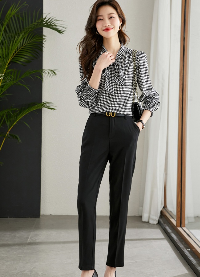 Temperament chiffon small shirt houndstooth shirt for women