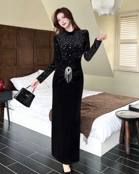 Autumn fashion long dress golden velvet dress
