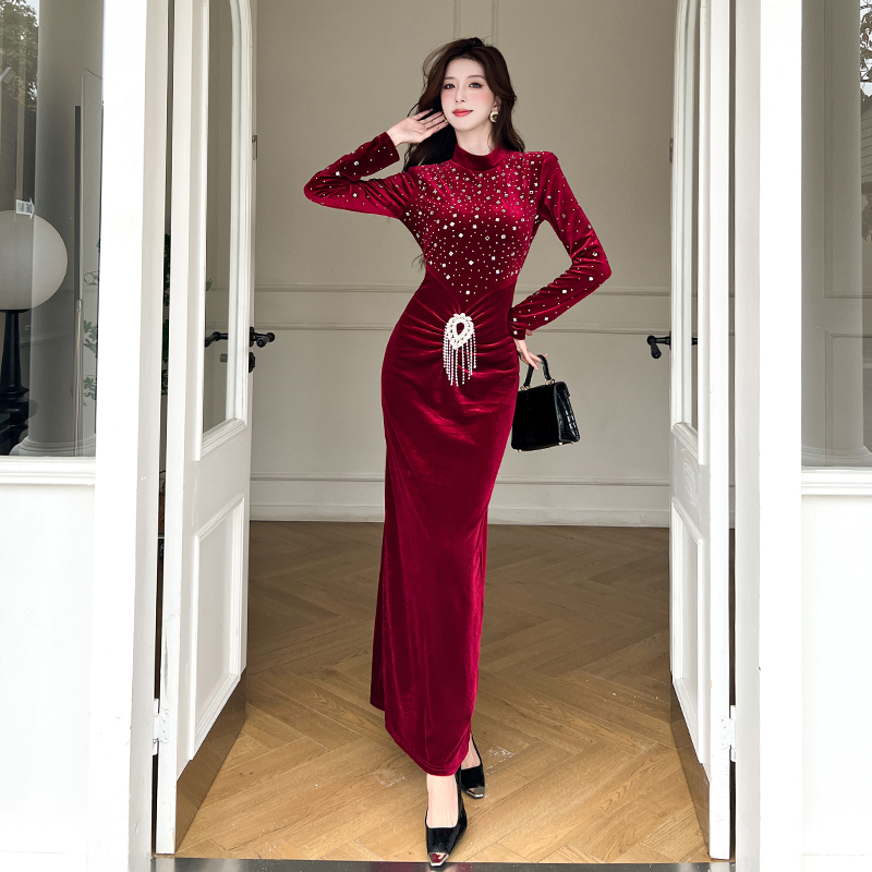 Autumn fashion long dress golden velvet dress