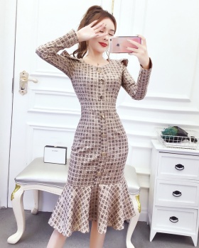 Leather cashmere temperament single-breasted package hip dress