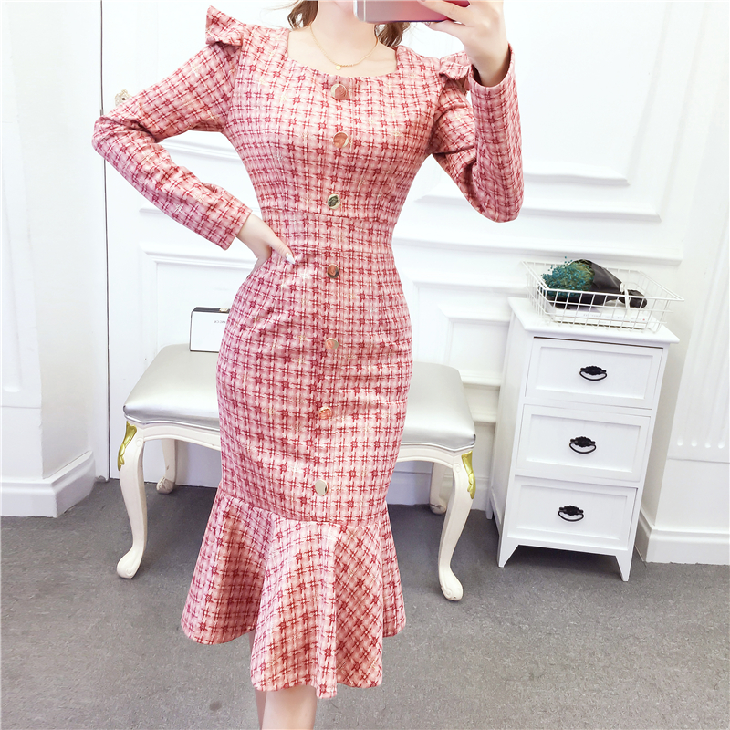 Leather cashmere temperament single-breasted package hip dress