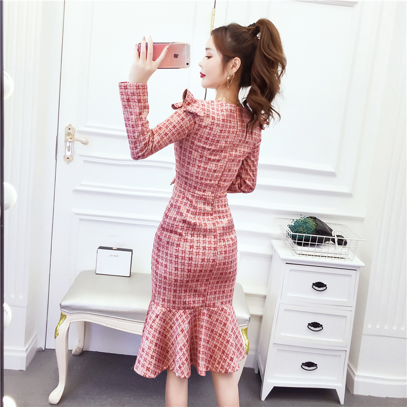 Leather cashmere temperament single-breasted package hip dress