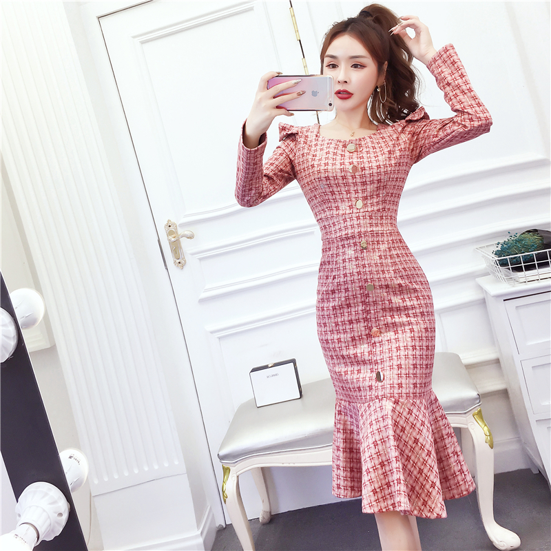 Leather cashmere temperament single-breasted package hip dress