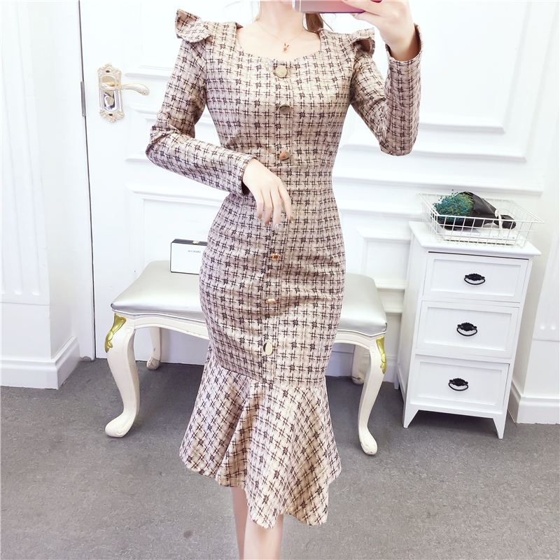 Leather cashmere temperament single-breasted package hip dress