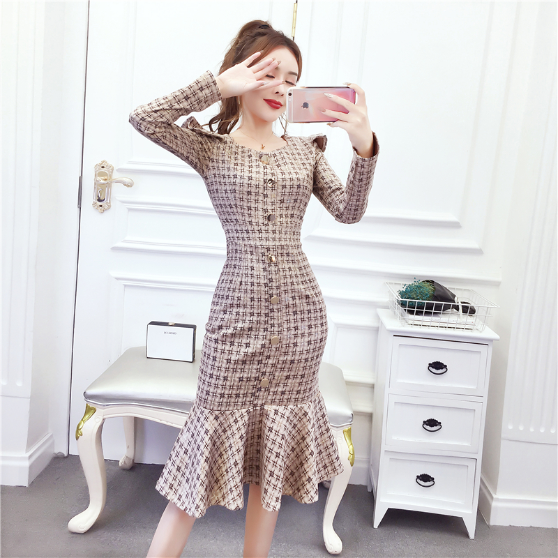 Leather cashmere temperament single-breasted package hip dress