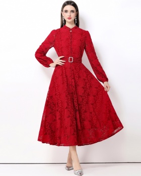 Retro lace long dress with belt breasted dress for women