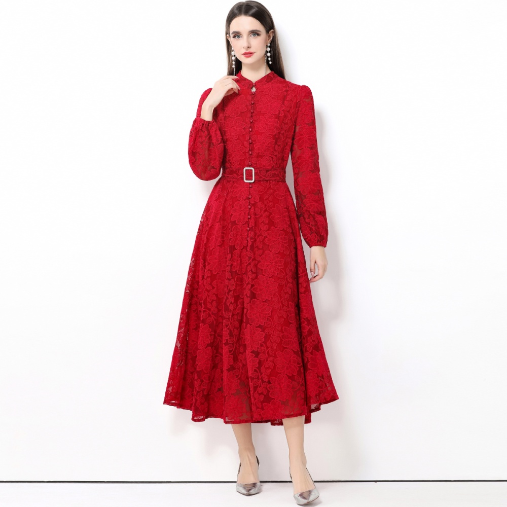 Retro lace long dress with belt breasted dress for women
