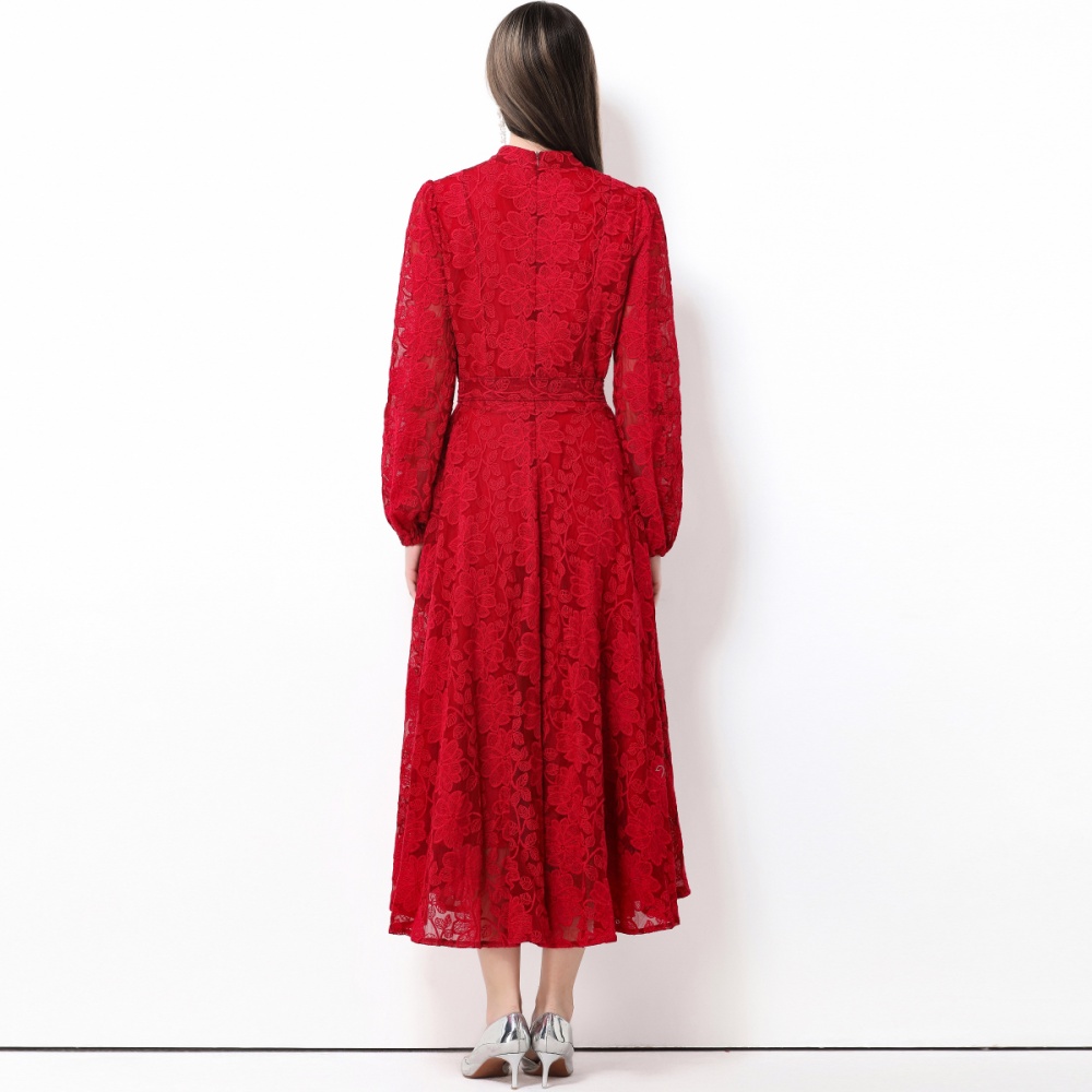 Retro lace long dress with belt breasted dress for women