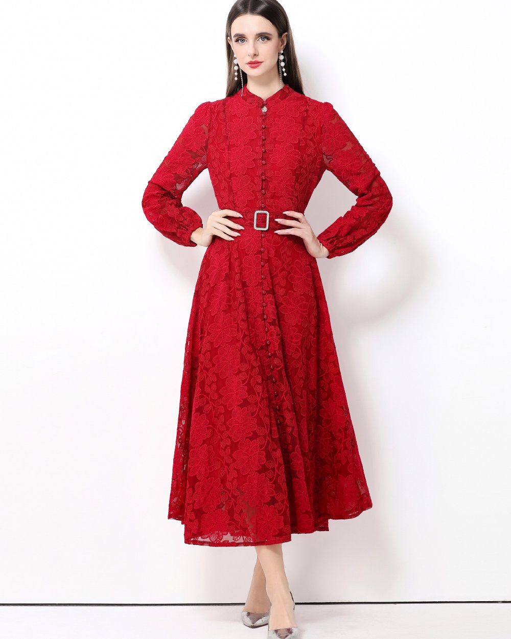 Retro lace long dress with belt breasted dress for women