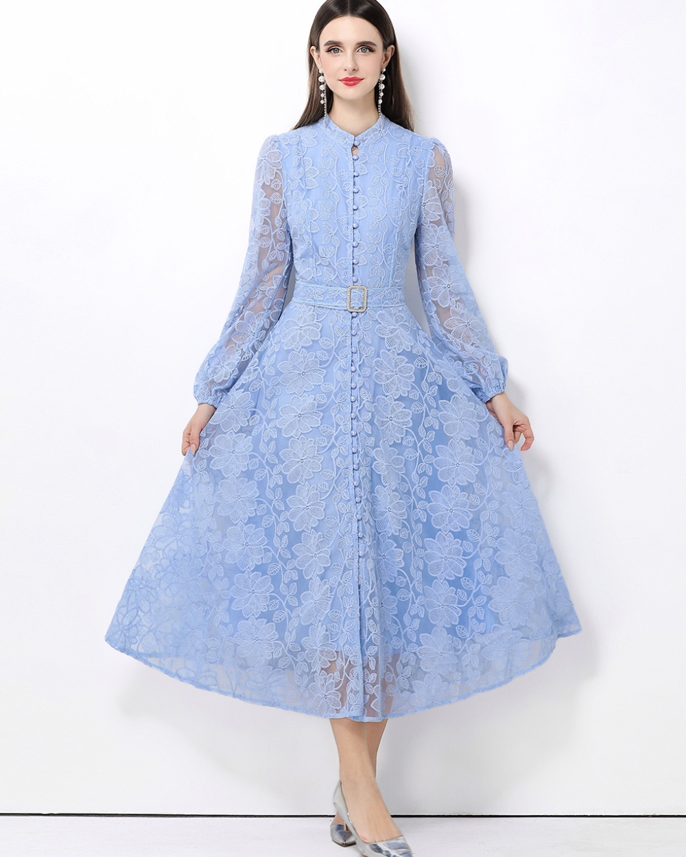 Pinched waist retro dress breasted long dress for women