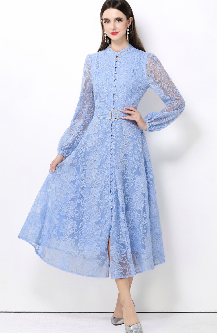 Pinched waist retro dress breasted long dress for women