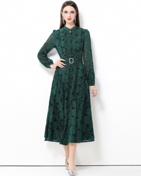 Cstand collar with belt dress lace long dress for women