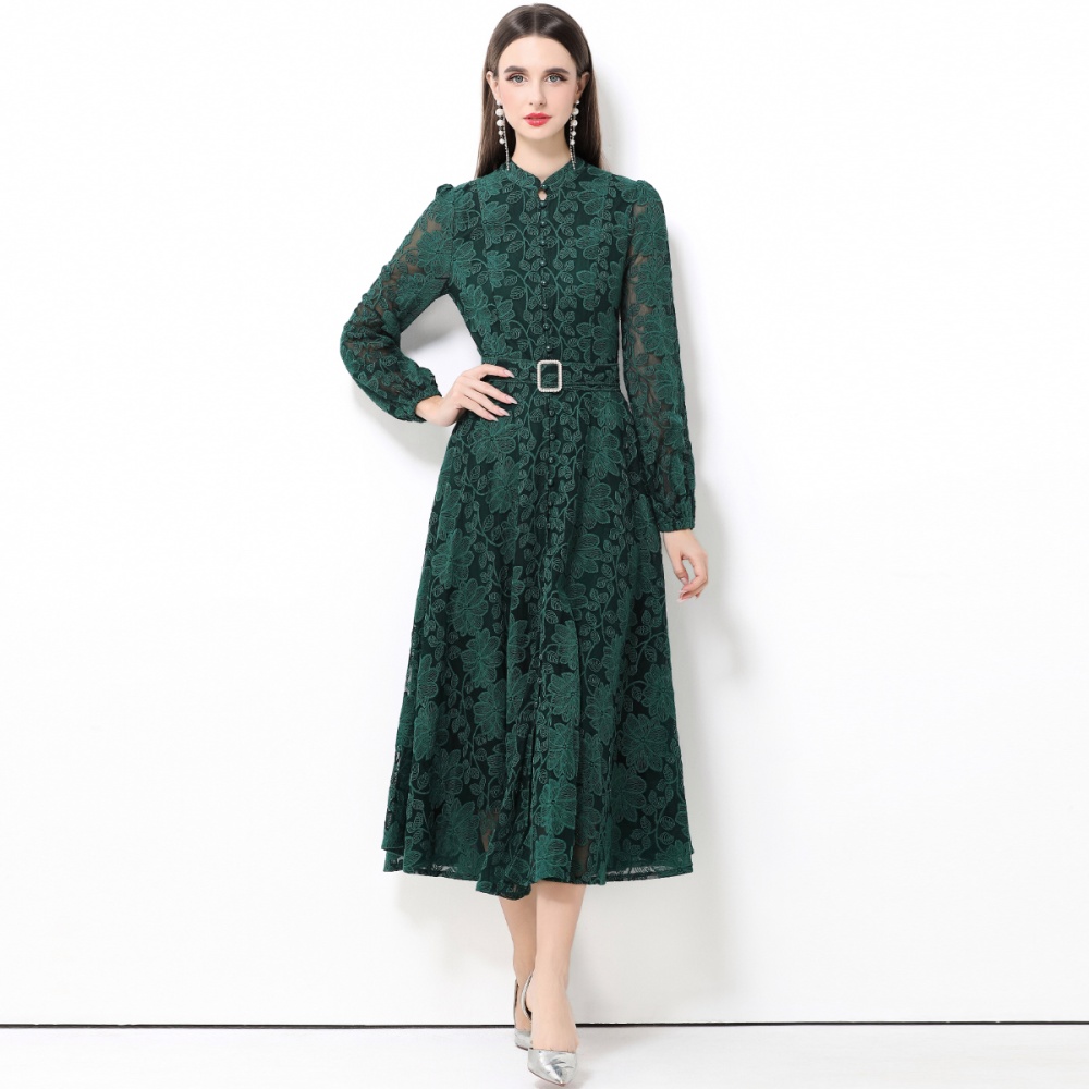 Cstand collar with belt dress lace long dress for women