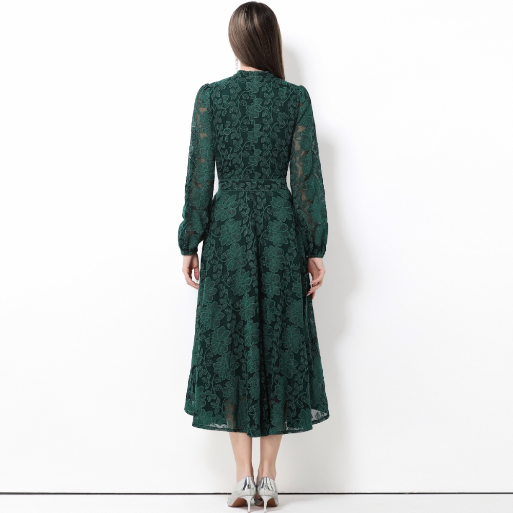 Cstand collar with belt dress lace long dress for women