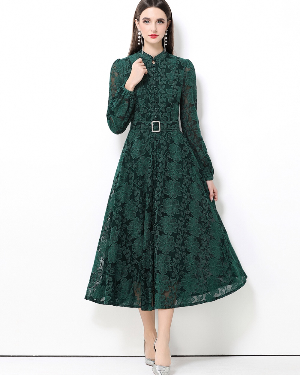Cstand collar with belt dress lace long dress for women
