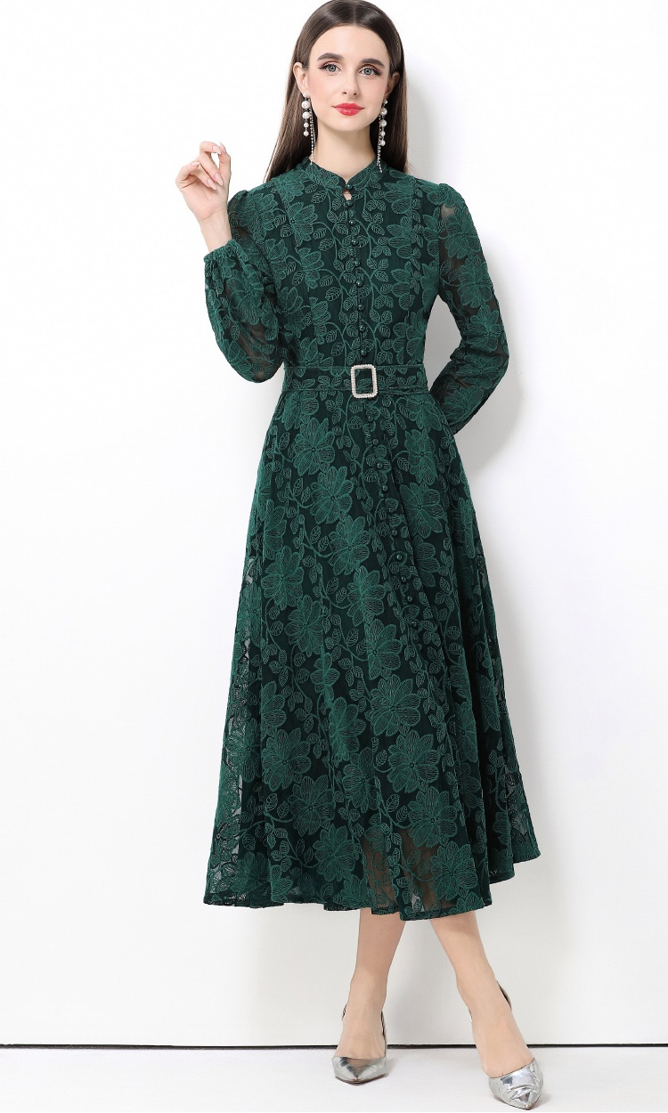 Cstand collar with belt dress lace long dress for women