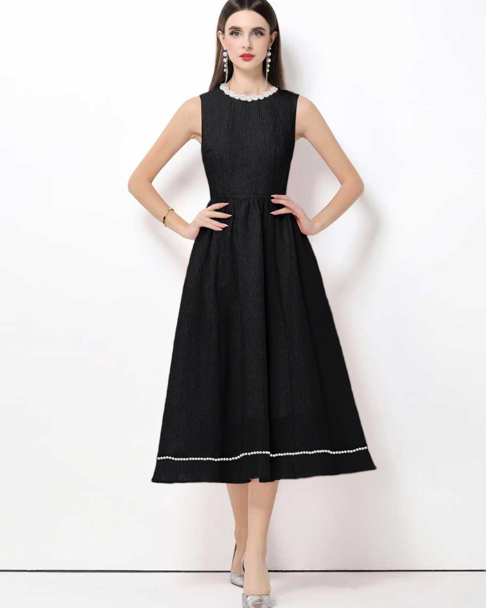 Slim retro beading sleeveless France style grace dress