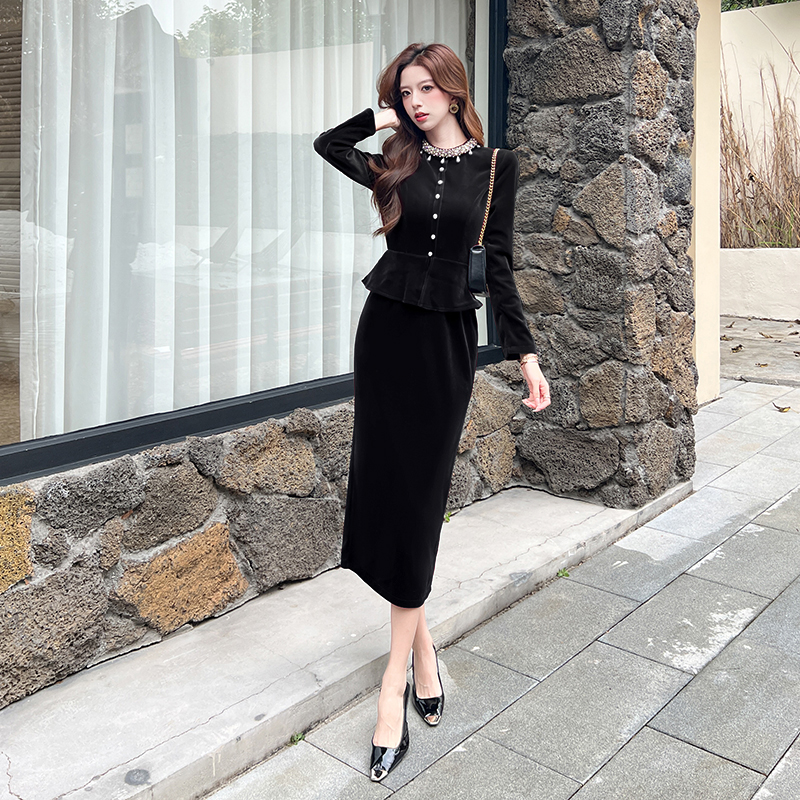 Fashion golden velvet long dress autumn dress