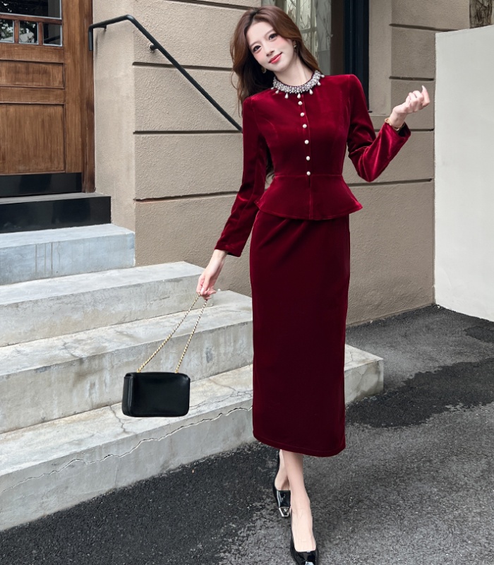 Fashion golden velvet long dress autumn dress